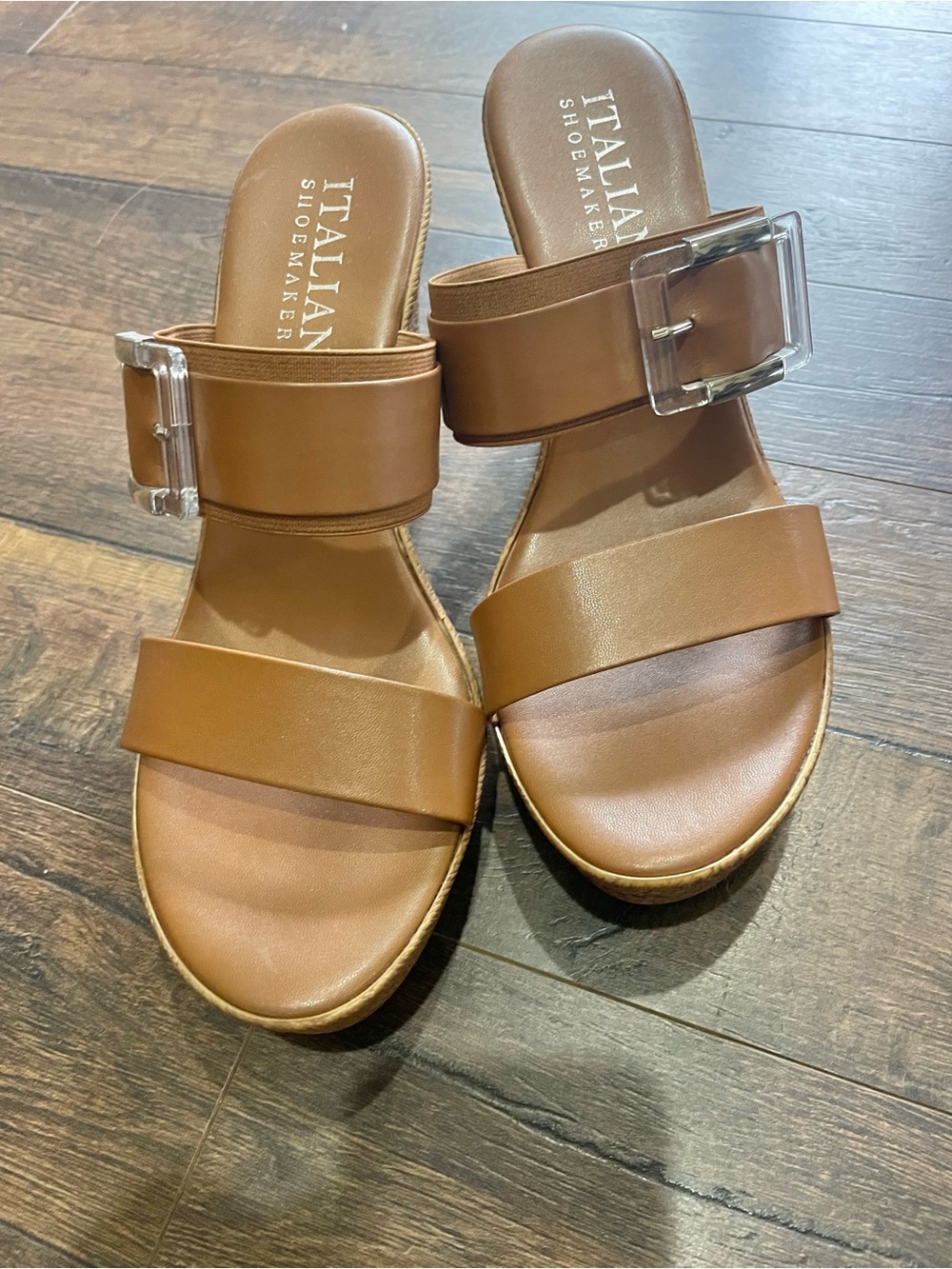 Italian Shoemakers Tan Leather Wedge Sandals with Clear Buckle - Picture 4 of 11